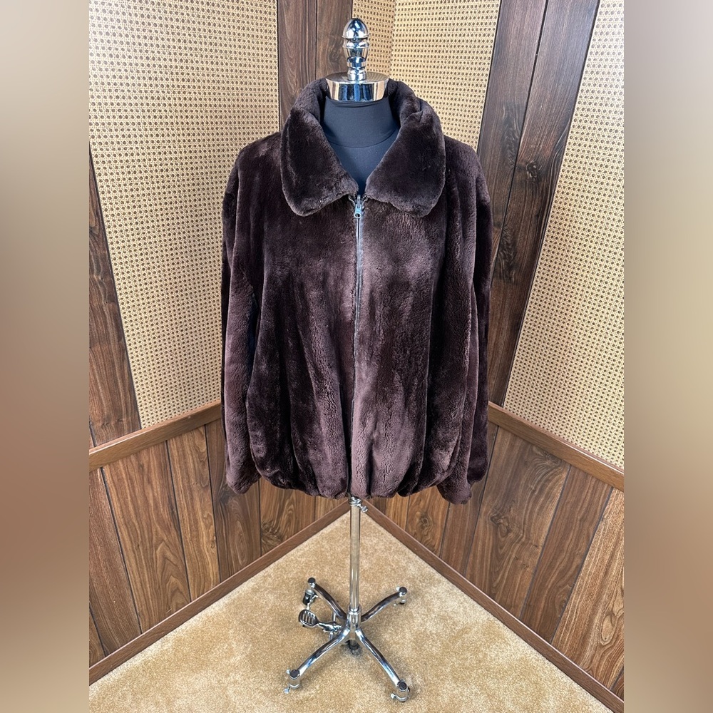 BEAUTIFUL BROWN SHEARED BEAVER REVERSIBLE LEATHER FUR COAT JACKET 2XL
